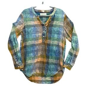 Isabella Sinclair Henley Blouse Womens M Wash Blue Green Plaid Ruffle Acid
